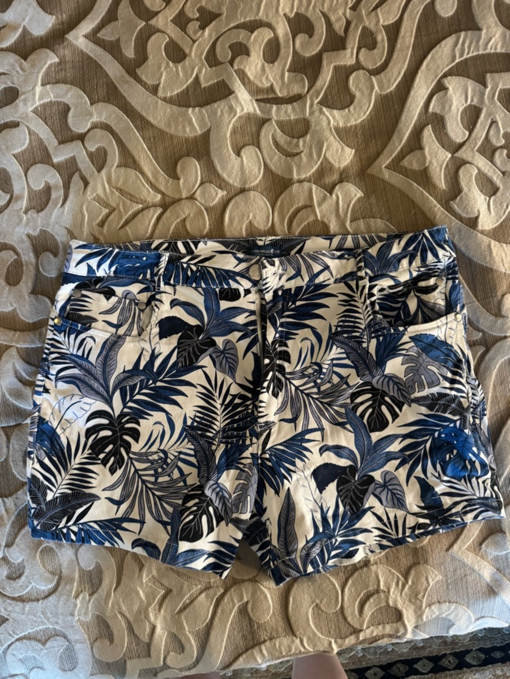 Caribbean Joe Blue & White Tropical Leaf Shorts